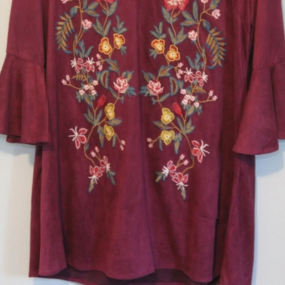 ✨2/$20 Altar'd State Velvet Floral Boho Tunic Dress Bell Sleeve Medium H11619 - Picture 5 of 12